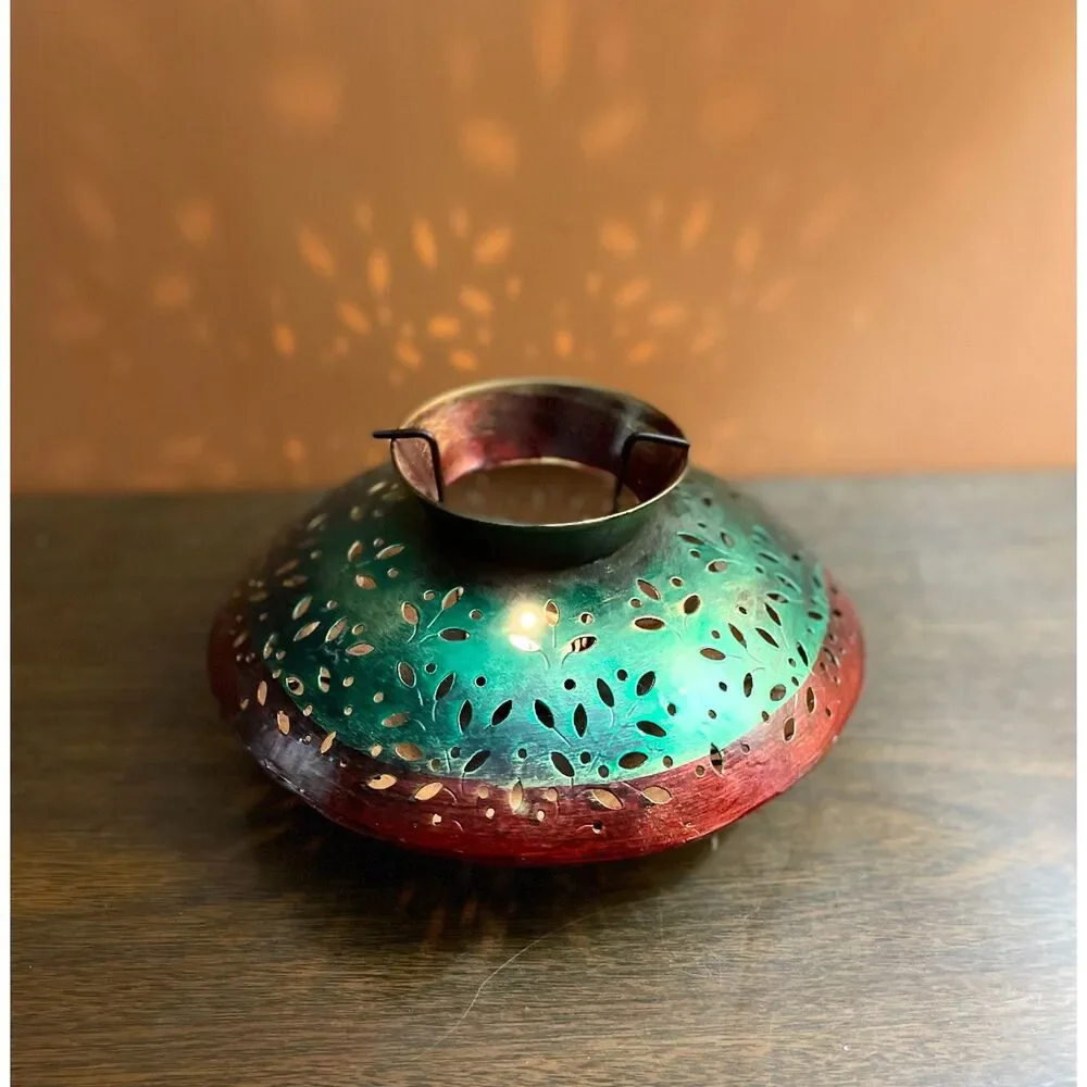 Pierced Metal Candle Lantern Green Red Leaf Cutout Boho Moroccan Light 10